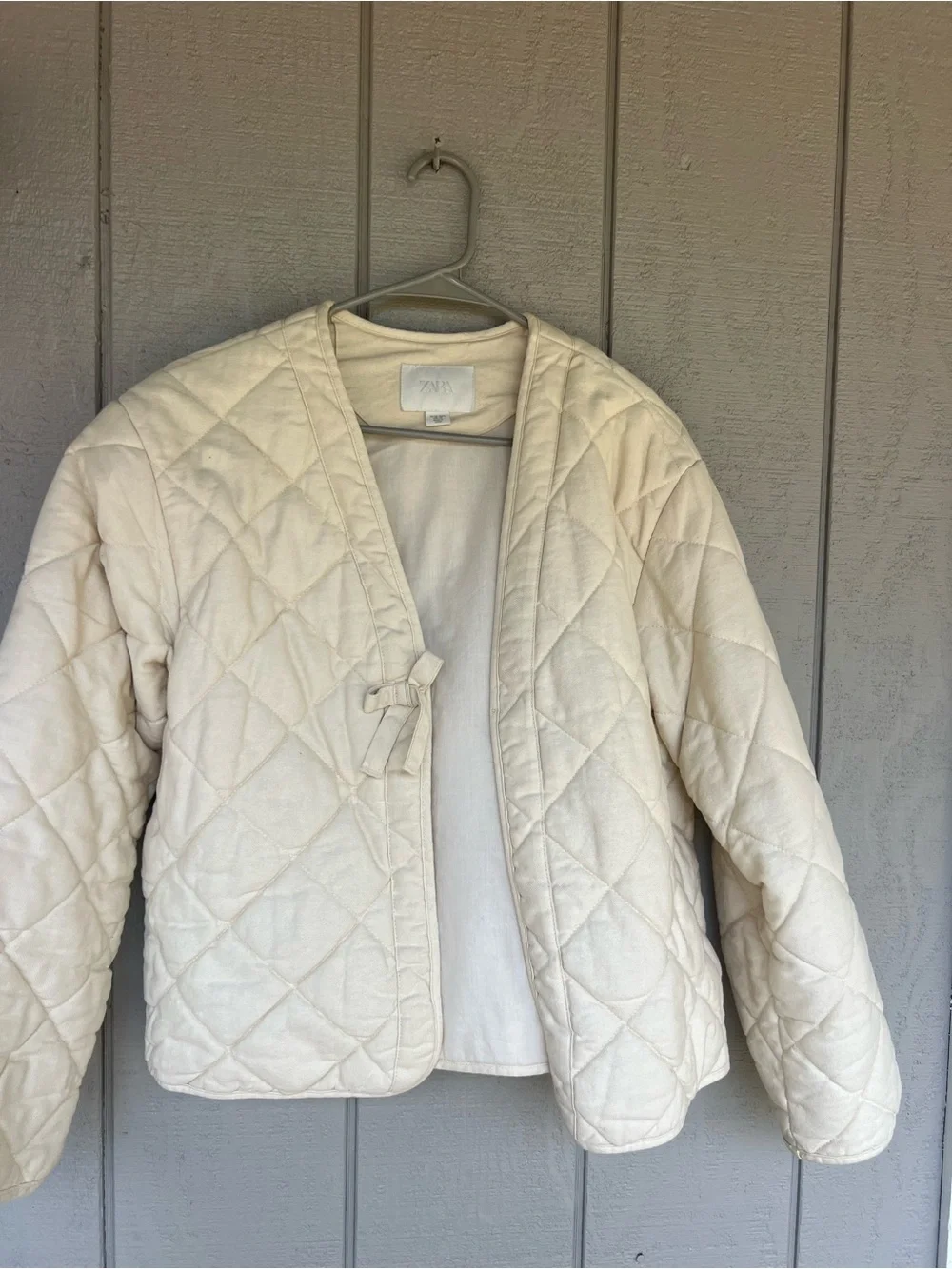 Zara Cream Quilted Tie-Front Puffer Jacket
